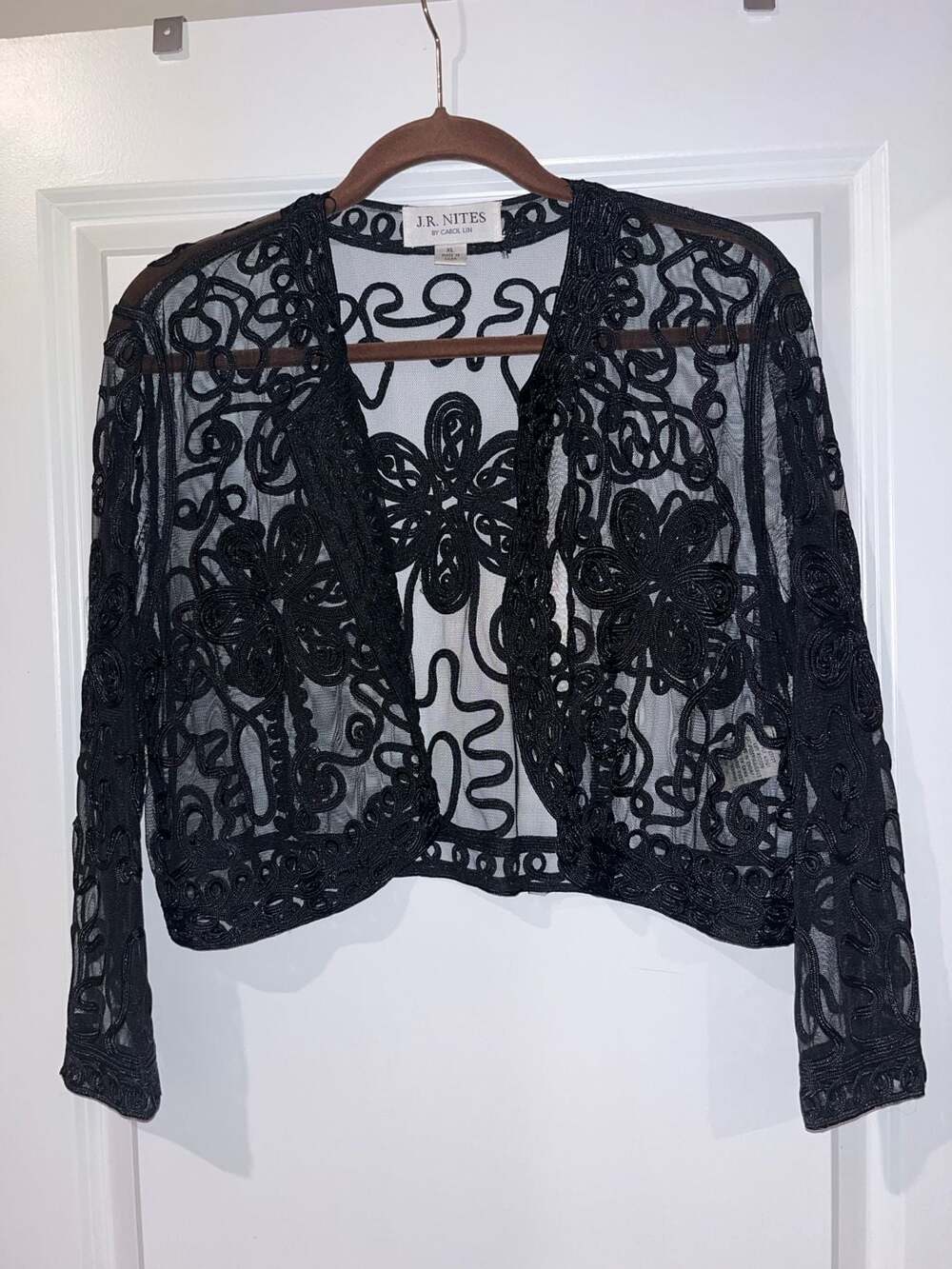J.R. Nites by Carol Lin Vintage Black Sheer Mesh Soutache Embroidered Bolero Jac